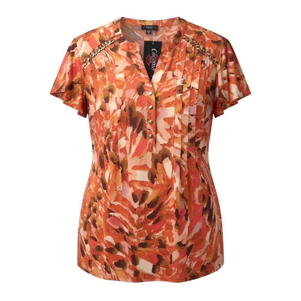 Cocomo Women's Plus Size 2X Orange Multicolor Pintuck Short Flutter Sleeve Top